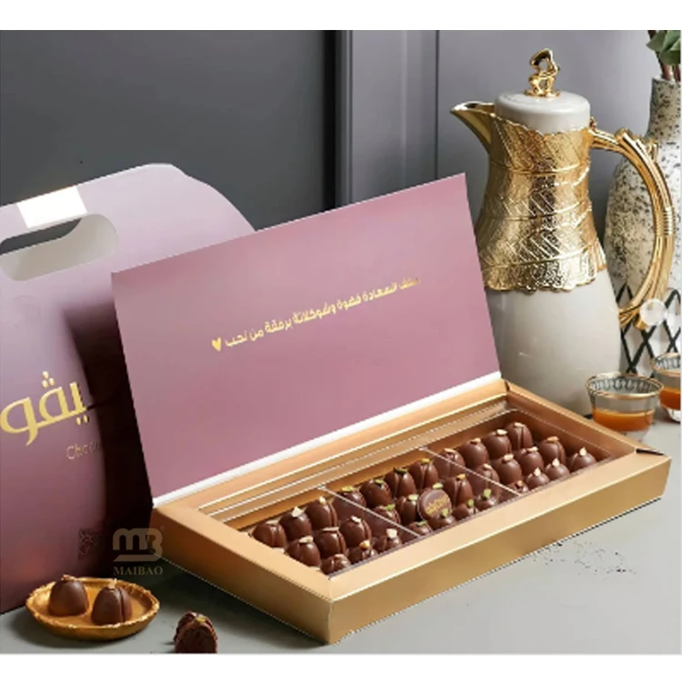 Custom Handmade Paper Cardboard Empty Chocolate Box Gold Eid Ramadan Dubai Bar Gift Packaging for Candy With Divider Inserts