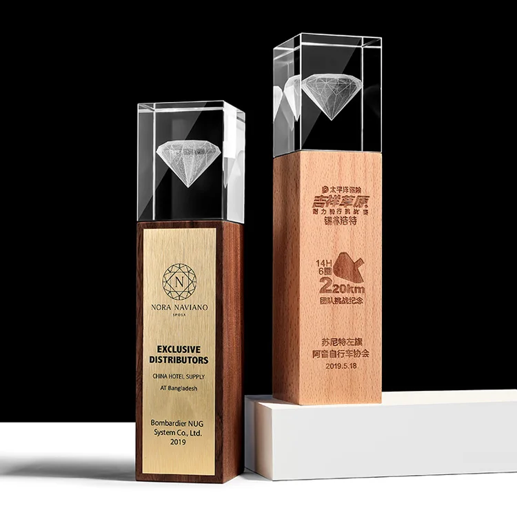 Wholesale Customized Champion Beech Sapoli Wood Award Glass Crystal Wooden Trophy