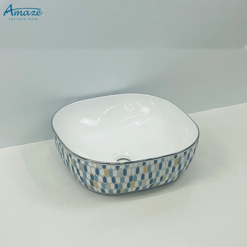 Good quality washroom wc sanitary ware white gold plating pattern ceramic lavabo counter top wash basin sink manufacture