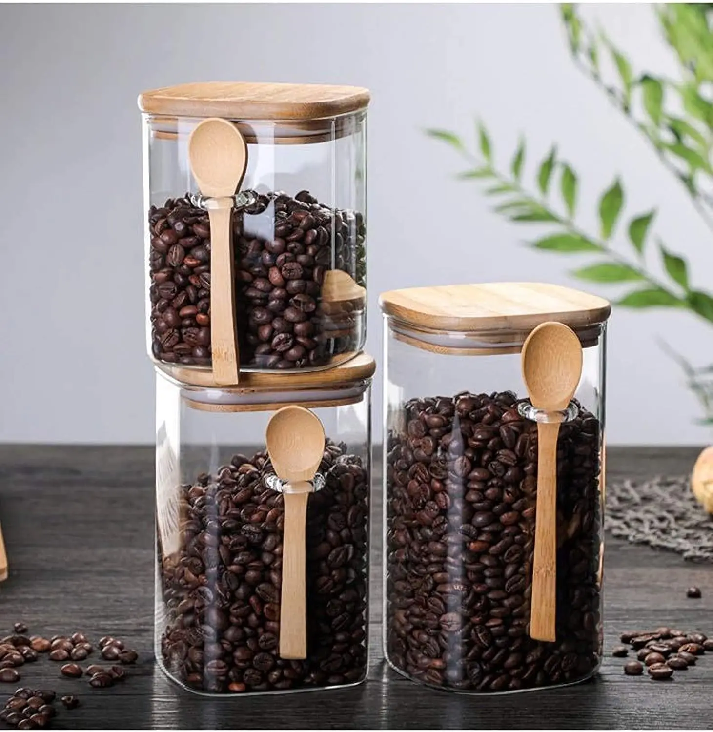 Glass Jars With Bamboo Lid & Spoons, Glass Jar With Airtight Lid