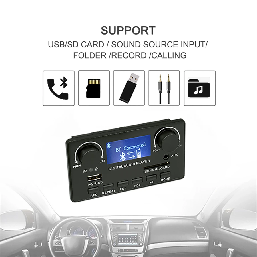 Bluetooth Wireless Audio Speaker Record Decoder MP3 Player Module With Volume Knob LCD Screen Display