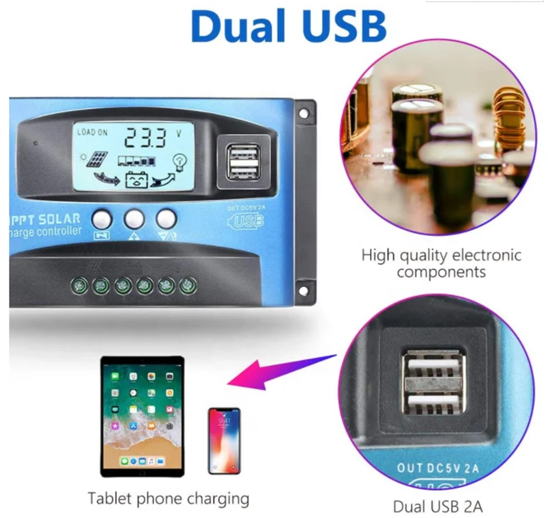 MPPT Solar Charge Controller 100A Solar Power Regulator 12V 24V Auto Dual USB LCD Display Load Discharger for Off Grid System