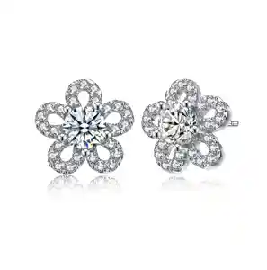 925 Sterling Silver Flower Stud Earrings with White CZ & Zircon Cute Trendy Design for Women for Wedding or Christmas Gift