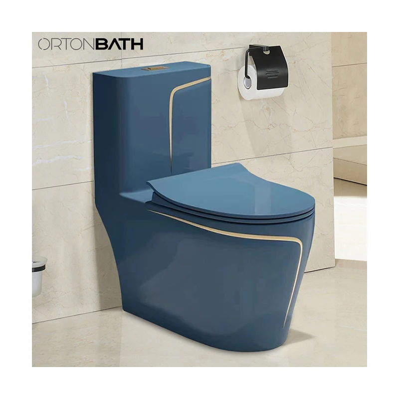 ORTONBATH Blue Color With Gold Line Middle East Toilet Sanitary Ware Small Toilet Seats Siphon One Piece Ceramic WC Toilets