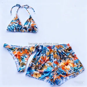 OEM Professional Custom High Quality 3 Piece Set Solid Plus Size Removable Padded  Bikini With Short  for Young Girls Women