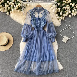 Wholesale 2026 Spring New Fashion Flower Temperament Stand Collar Lantern Sleeve High Waist Slim Suspender Dress Two-piece Sets