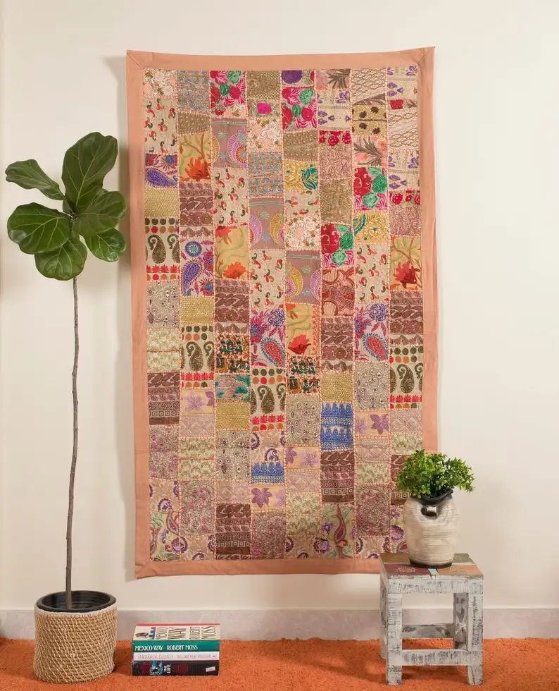 Wall Hangings Wall Décor Golden Vintage Indian Sari Patchwork Tapestry ...