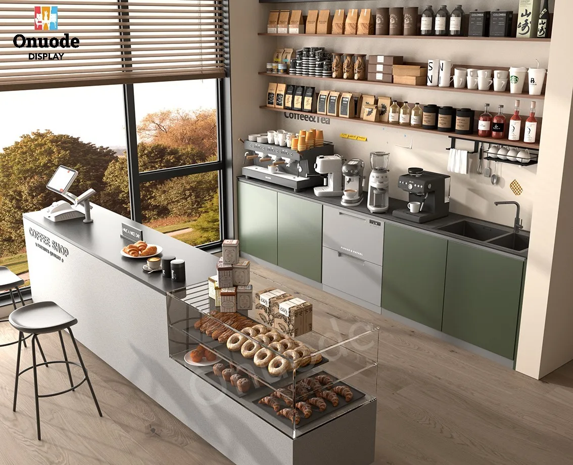 Customizable LED Lighting Coffee Shop Display Cabinets with Elegant Coffee Bar Counter Design and Cake Showcase