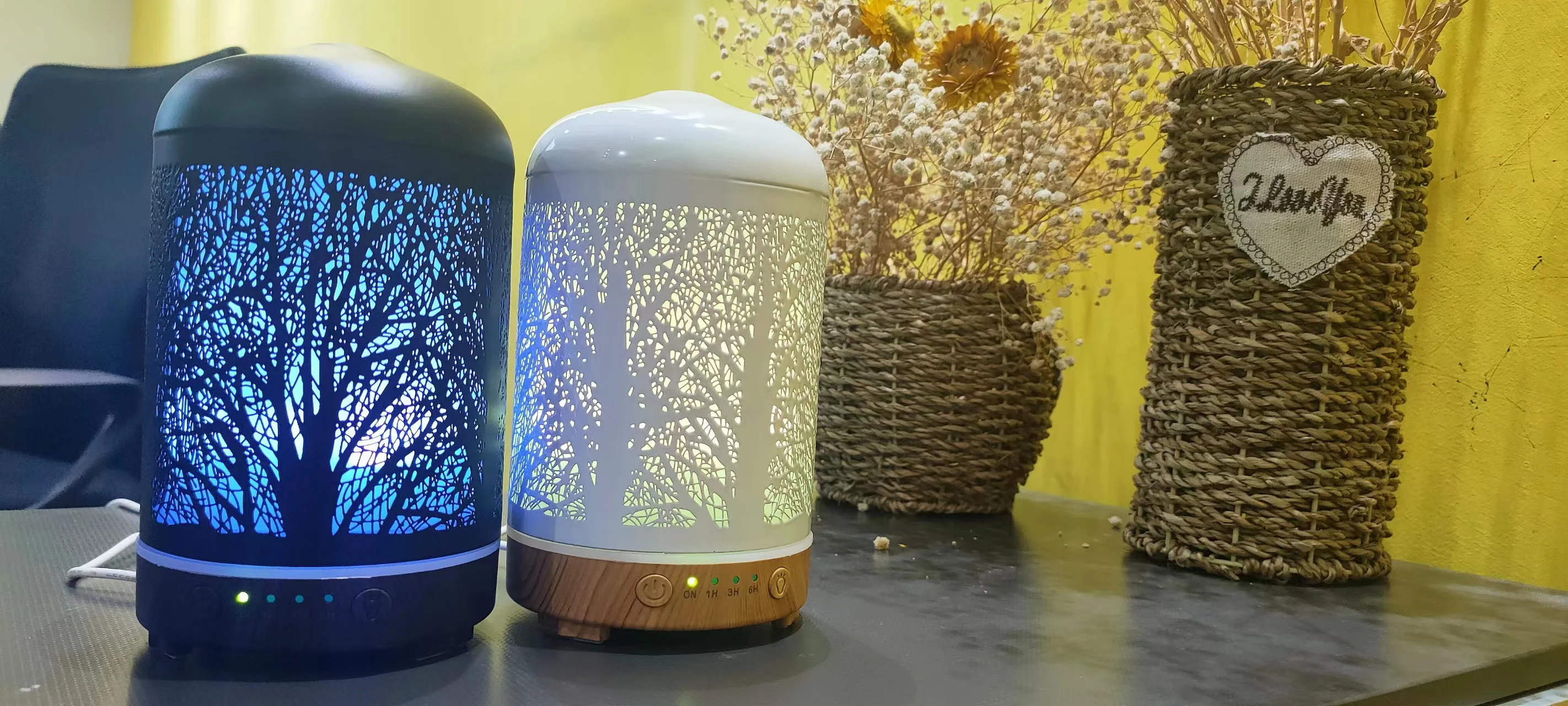 Essential Oil Diffuser 200ml Black Metal Tree Ultrasonic Aromatherapy