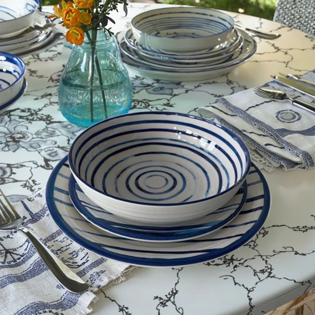 12 Pieces Modern Minimalist Wedding Party Dinnerware Sets Blue White  Pattern Food Grade Melamine Dinner Set