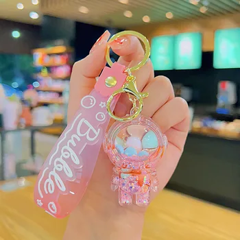 Cartoon Astronaut Bear Quicksand Bottle Key Chain Plastic Floating Oil Acrylic Backpack Ornament Small Gift