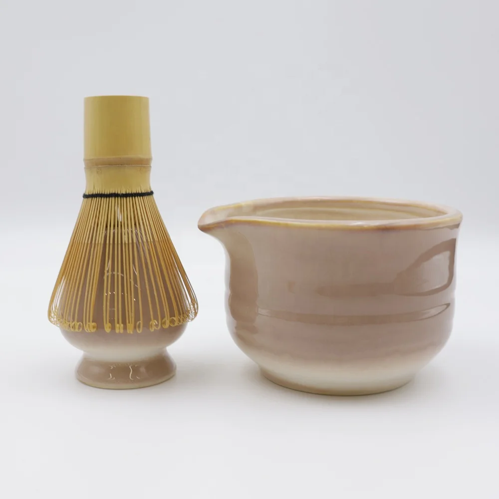Custom Matcha Tool Kit Stirrer Whisk Whip Holder and Bowl with Spout Light Brown Flambed Kiln Glazed Milk Tea Ceramic Matcha Set
