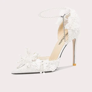 Comfortable Lace Flower Women Stiletto High Heel Sandals Wedding Bridal Rhinestone Heeled Shoes with Pearl
