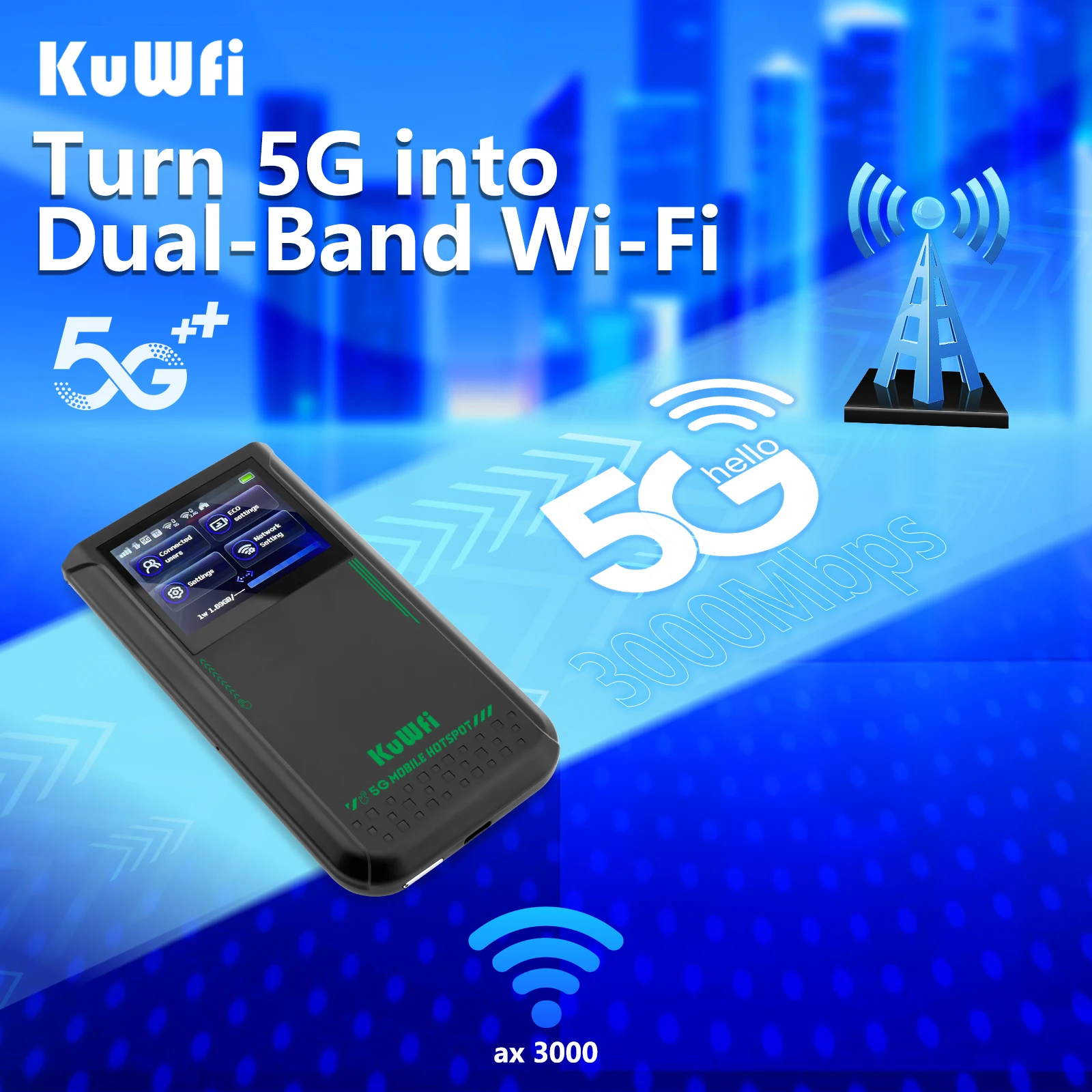 ESim KuWFi Touchable LCD Screen 5g Sim Card Router 4500mAh Battery Dual Band 3000Mbps Pocket Wifi Universal 5g Router