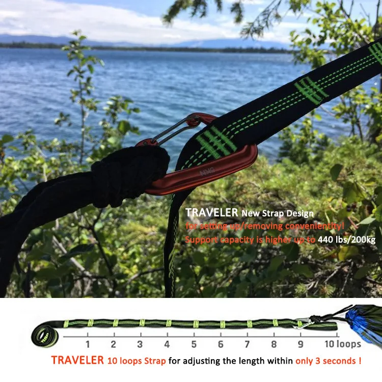 BT-S02 Double & Single Travel Camping 10 Loop Heavy Duty 5KN Carabiner Adjustable Hammock Nylon Tree Straps Set
