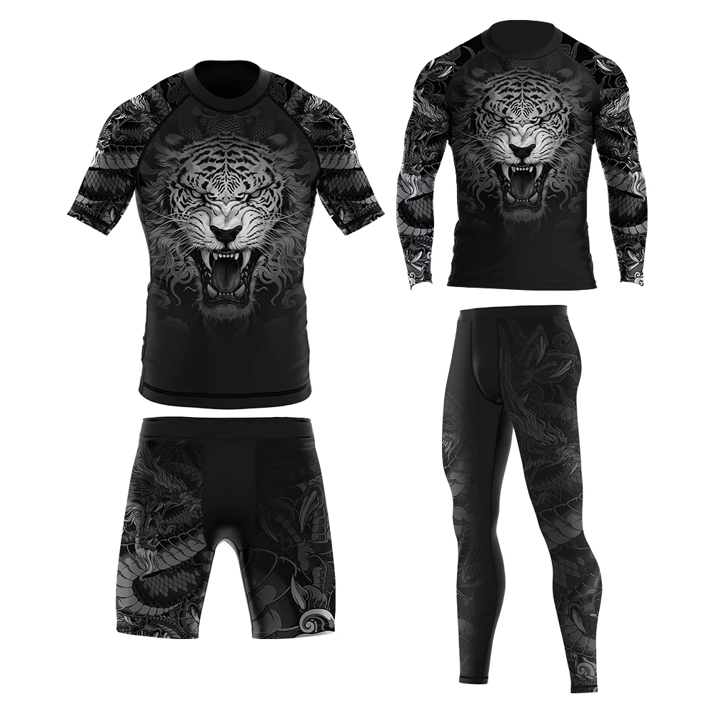 OEM anti-slip gummilangærmet MMA-rash guard-sæt, leverandør af tilpasset logo-printet kompressionshøjre og korte sublimations-rashguard