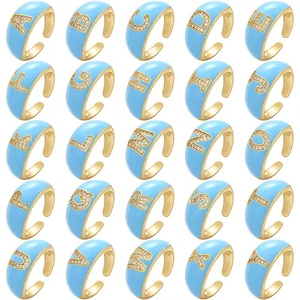 Classic Female Finger Hot A-Z Letters New Colorful Glaze Enamel Gold Rings Stainless Steel Inlaid Zircon Open Color Adjustable