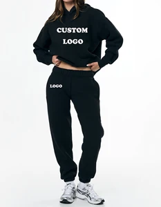Women's Black Sweatshirt with Hooded Collar Autumn Loose Tracksuits Sports Pullover Women Winter Puff Hoodie and Sweatpants Set