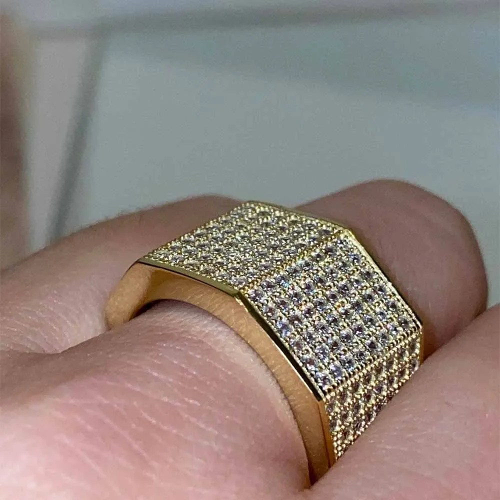 Hip Hop Bling Square Ring All Iced Out Micro Pave Cz With 14k Gold Plated Ring For Men Women