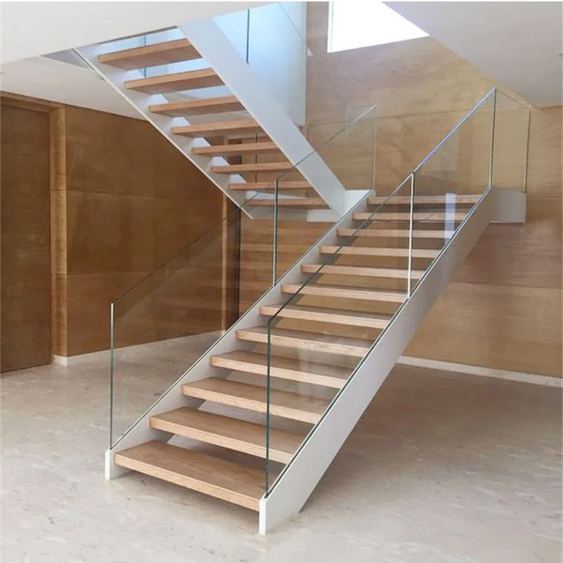 Modern Double Stringer Steel Staircase Design Wood Steps U Shaped Staircase Glass Railing