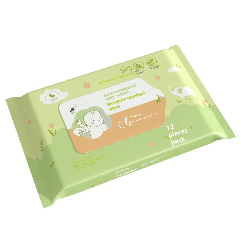 Fabrik, individuelles Logo, tragbare 12er-Packung Anti-Mückentücher, ätherische Pflanzenöle, juckreizlindernd für Erwachsene und Kinder, umweltfreundlich