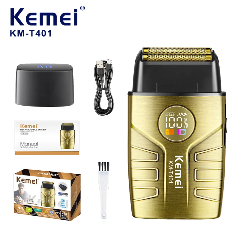 Rasoir électrique pour barbe Kemei KM-T401 avec stérilisation UV, vitesse réglable jusqu’à 10 000 tr/min, sans fil, corps métallique professionnel, étanchéité IPX7, batterie de 1400 mAh, pour hommes