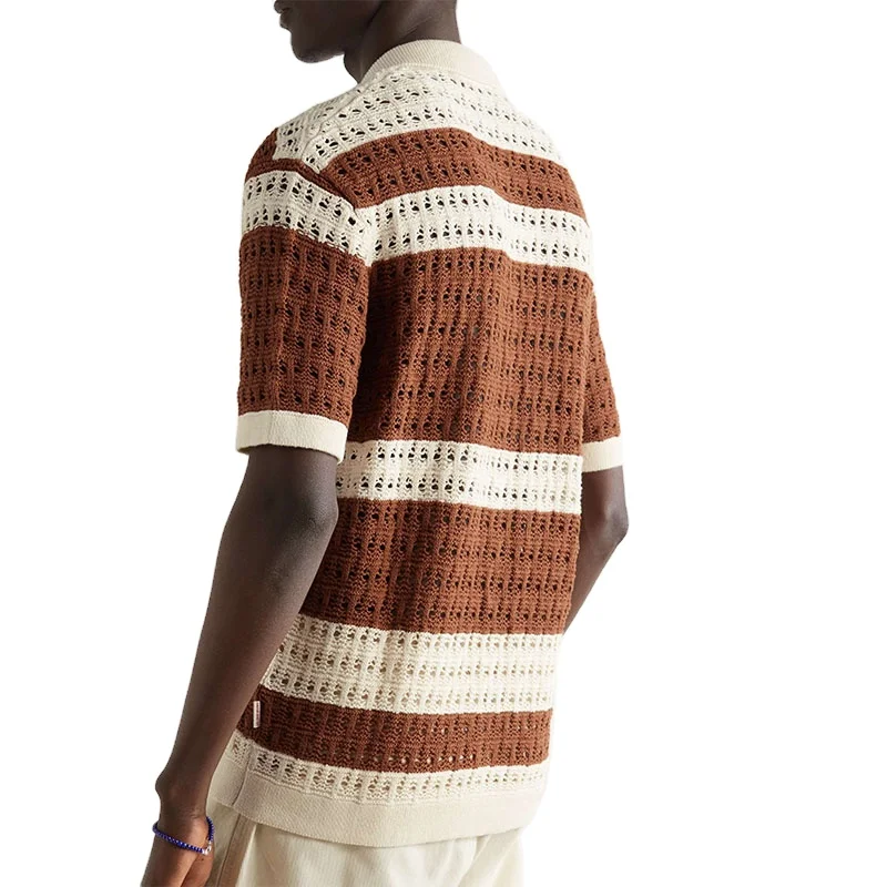 Brown Mesh Striped Crochet Knit Cotton Linen Blend Sweaters Men Short  Sleeve Knitted Tee Shirt Polo Knitwear - Buy Short Sleeve Shirts,Men T  Shirt,Men