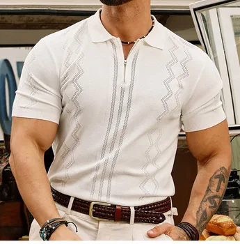 2024 New fashion knit stripe polo shirt soft tshirt short sleeve knitted zip up shirt