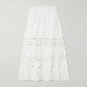 Skirt Manufacturer Custom Spring Summer White Lace Embroidery Twill Cotton Elegant Casual Women Midi Skirt