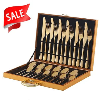 Stainless Steel Cutlery Set Knife Fork Spoon 24-Pieces Gold Wooden box Silverware gold Flatware Set