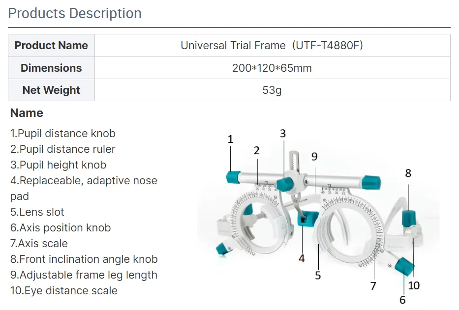 Trial Lens Frame UTF-T4880 Top Quality White Metal Universal Trial Frame for Eye Optometry Optical Lens Trail Lens Set