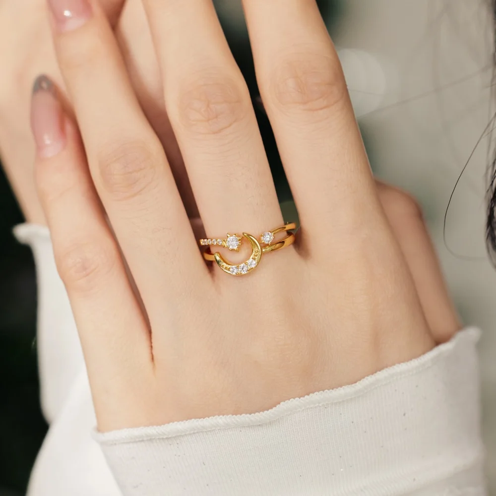 KAKODIY Good Christmas Christmas Gift Gift Jewelry 925 Sterling Silver Double Layer Moon Crescent Star 5A Zirconia Jewelry Ring detail 3