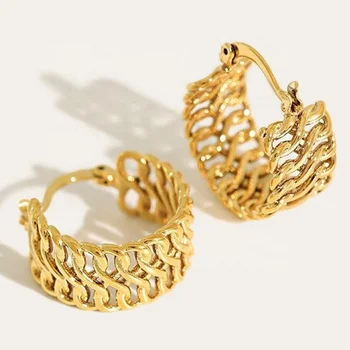 Open Double Chain Link Hoop Earrings Vintage Bold Jewelry Stainless Steel Cuban Link Chain 18K Gold Plated Knit Hoop Earrings