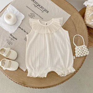 Summer Casual Outfit for Baby Girls Solid Lace Sleeveless Button Rompers ODM Knitted Fabric