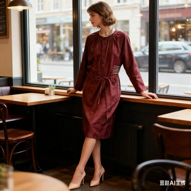 Burgundy Ramie Loose Waist-Tie Pullover Dress - Retro Elegant Mid-Length Office & Casual Dress