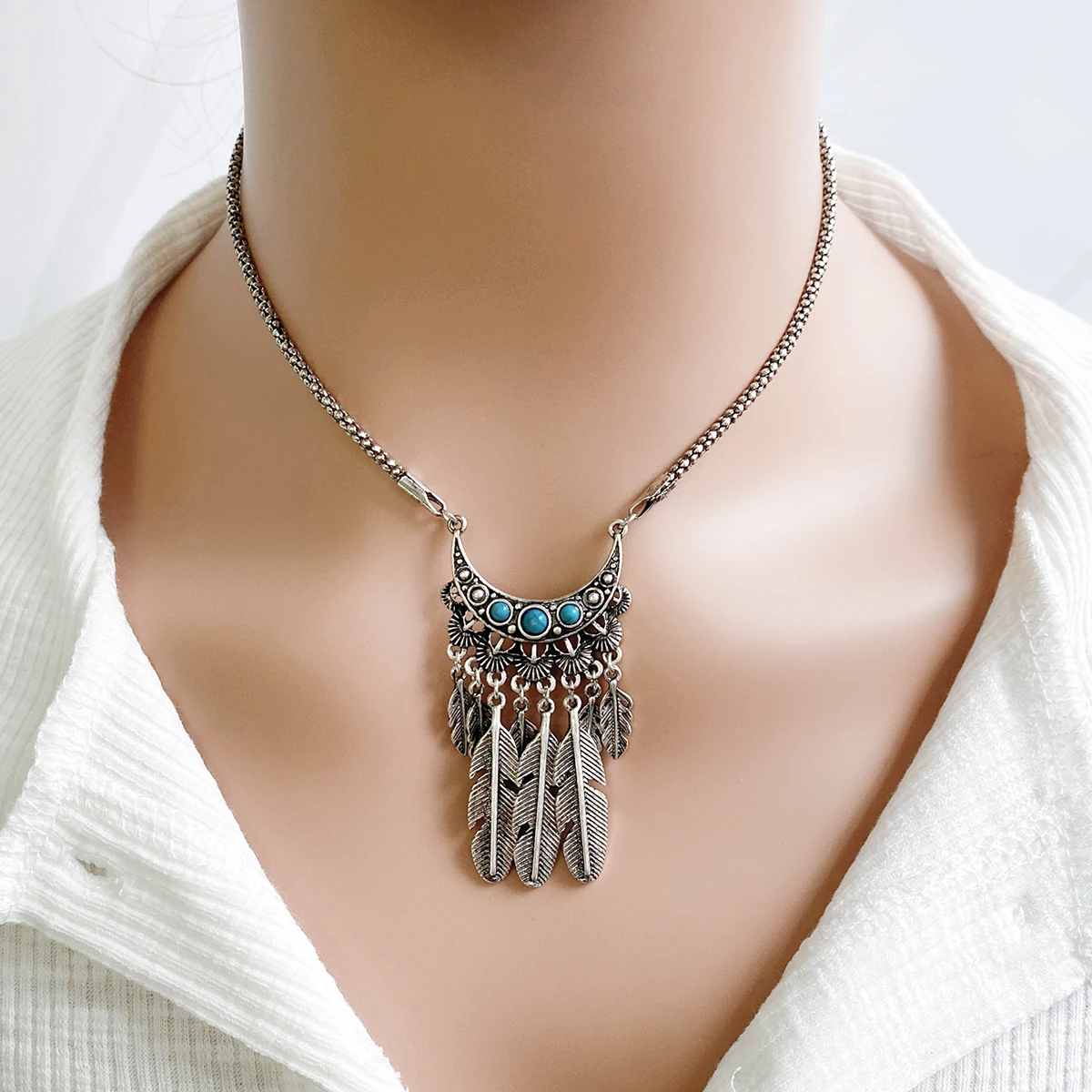 product factory jewelry wholesale retro leaf stone drop silver plated pendant necklace earrings jewelry set for women-4