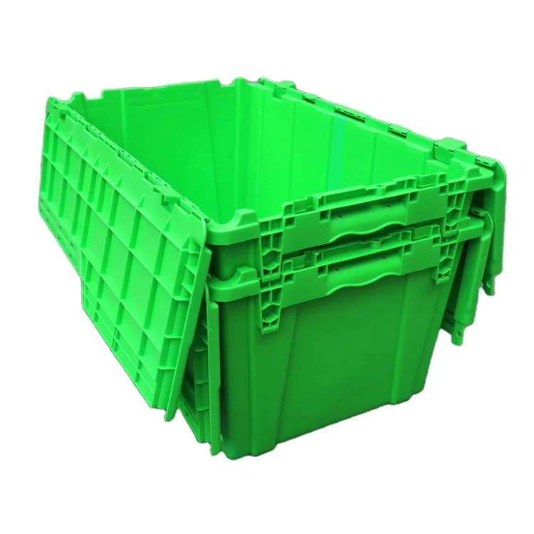 Plastic Storage Stackable Crate  Attached Lid Tote Container Plastic Moving Tote Crates Turnover Boxes