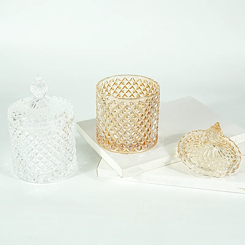 Elegant Diamond Patterned Premium Glass Candle Jars with Lids for Aesthetic Home Decor