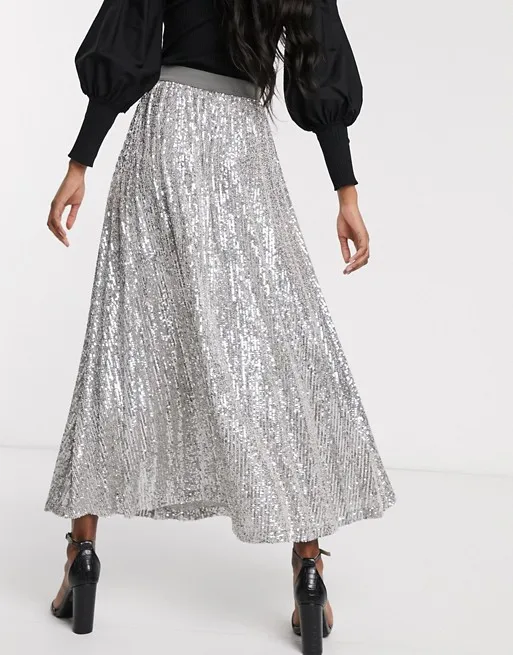Custom Designed Grey Maxi Wrap Skirt No Shrink No Pilling Pleated Sequin Sustainable Knitted Fabric Natural Customer Label