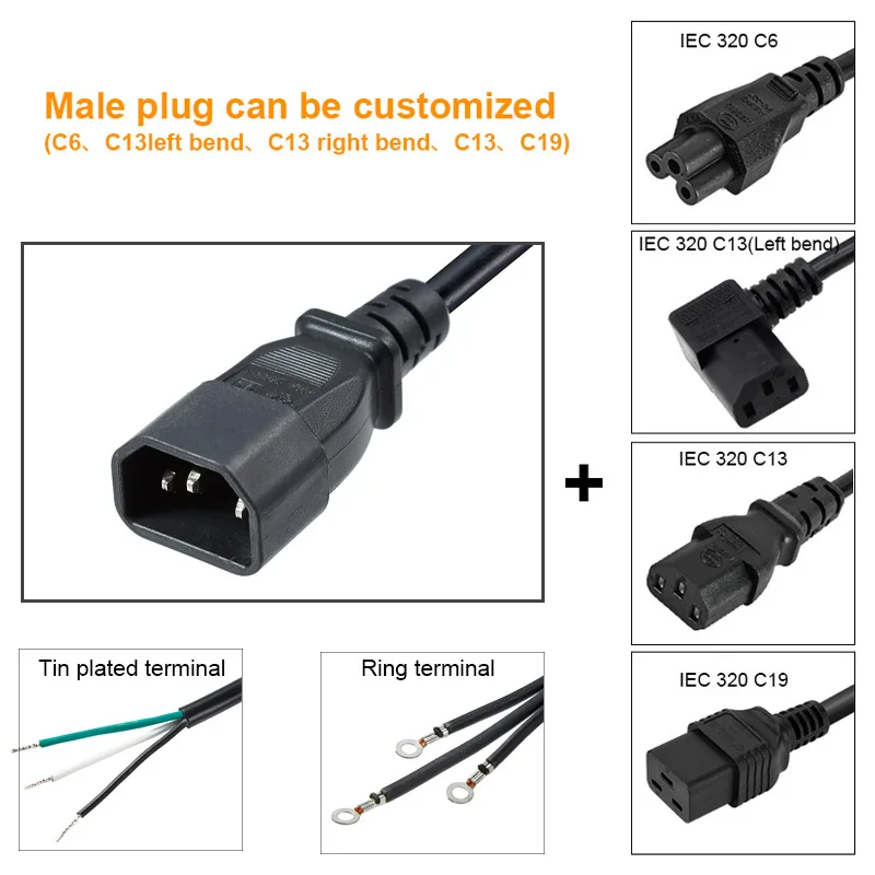 Male to Female AC Power Cable C13 to C14 Power Extension Cord 3ft 6ft IEC C14 to IEC C13 PDU Power Cord 10A 18AWG Black