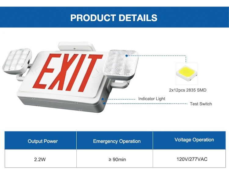 4.2W Red LED Exit Sign with Light, Daylight White Emergency Light