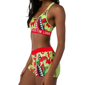 New Hot Sublimation Print High Waist Fitness Gym Sport Bra and Shorts Yoga Set Women Tracksuit