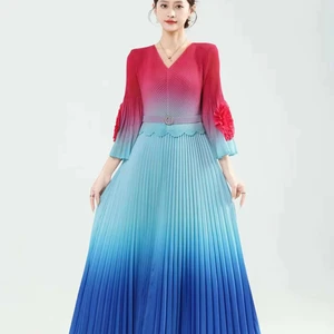 Miyake Pleated Dress with One-shoulder Design and Elegant V-neck with a Gradually Widening Size Range