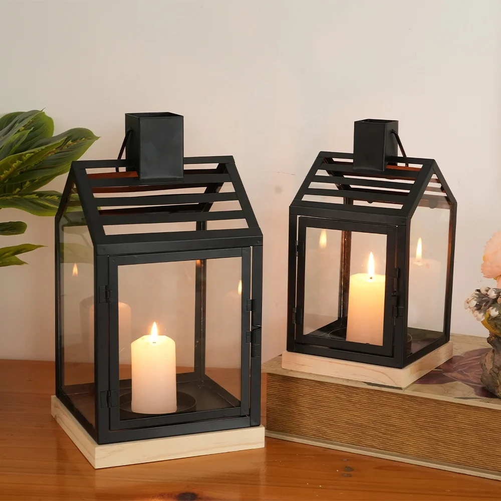 Set of 2 House Design Metal Lantern with Wooden Base Glass Panels Lanterns