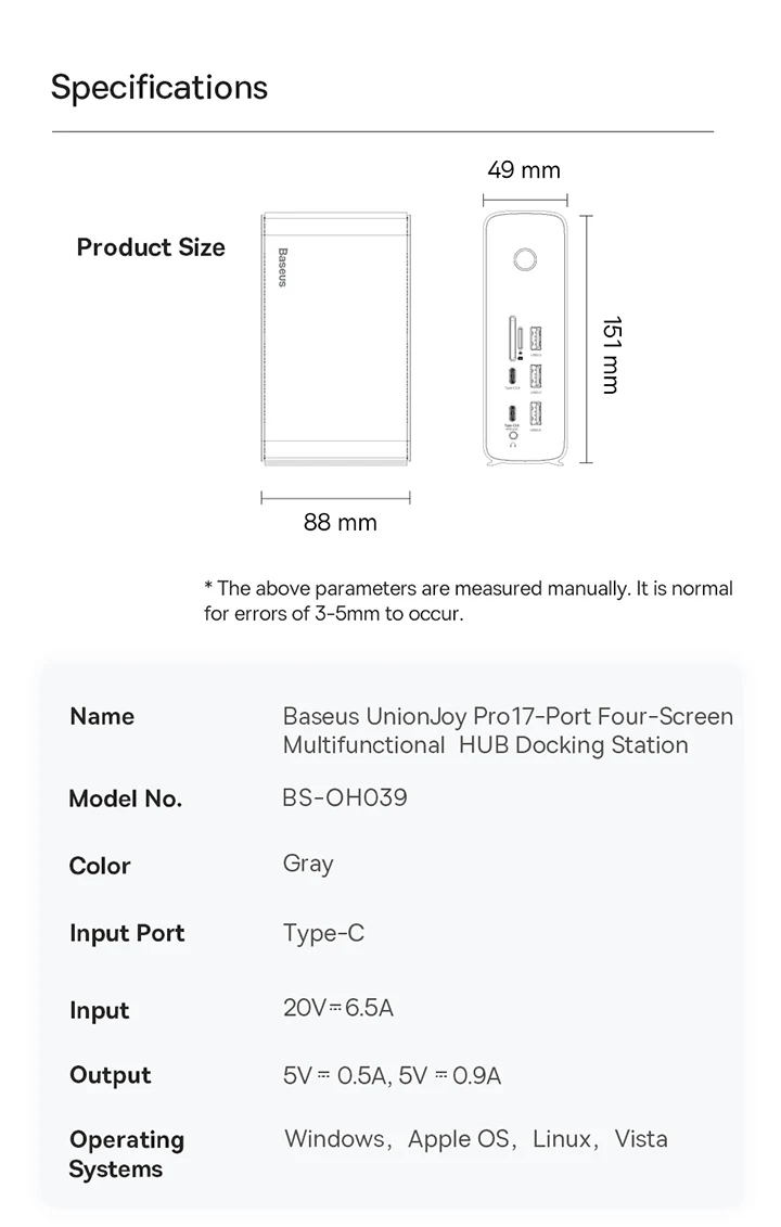 Baseus UnionJoy Pro17-Port Four-Screen Multifunctional HUB Docking Station Suitable for laptop adapter