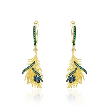 Abiding Whosealse Natural Blue Topaz Stone Earring Gold Feather Jewelry Pave Emerald-Green 925 Sterling Silver Women's Earrings