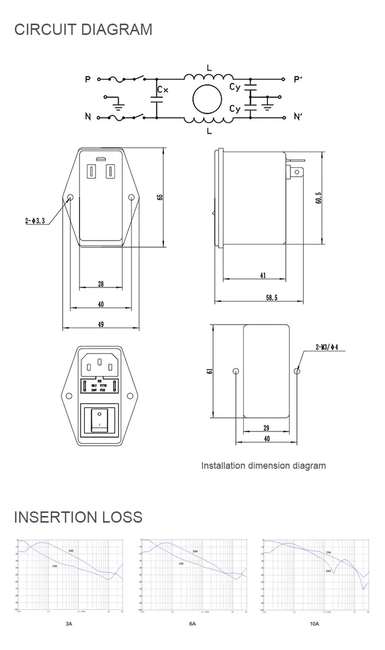 AC 250V 1A 3A 6A 10A Power Line Noise Suppressor IEC Socket EMI Filter Double Insurance RFi (LC RC Networks) for Power System factory