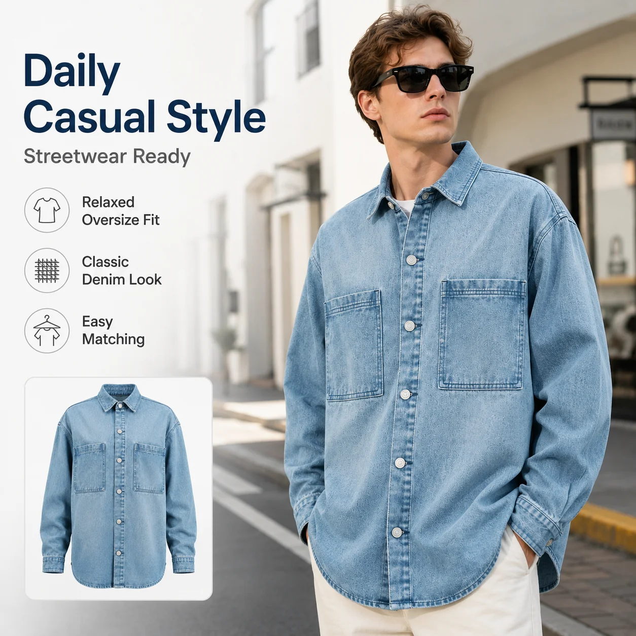 Mens Trendy Fall Long Sleeve Denim Shirt Top Casual Button Down Shacket Chest Pockets Windproof Eco-Friendly Reversible Vintage