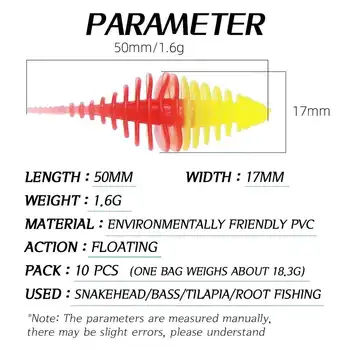 CHEERY 10pcs/bag 50mm 1.6g Double Color PVC Soft Worm Bait Artificial Plastic Fishing Lure for Lake Bass Catfish Bream Target – Soft Lure – view 4