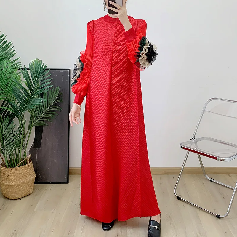 Fashion Plus Size Pleated Elegant Dress Ladies New Design Loose Casual Long  Sleeve Red Banquet Party Dresses Women's Clothing